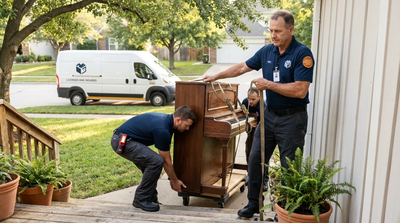 Licensed piano movers securing grand piano in Carmichael, CA