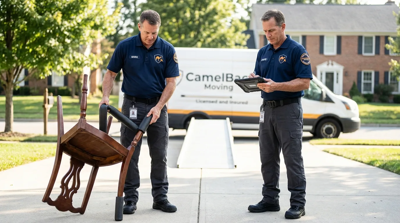 Movers inspecting furniture for damage prevention before loading in Carmichael, CA