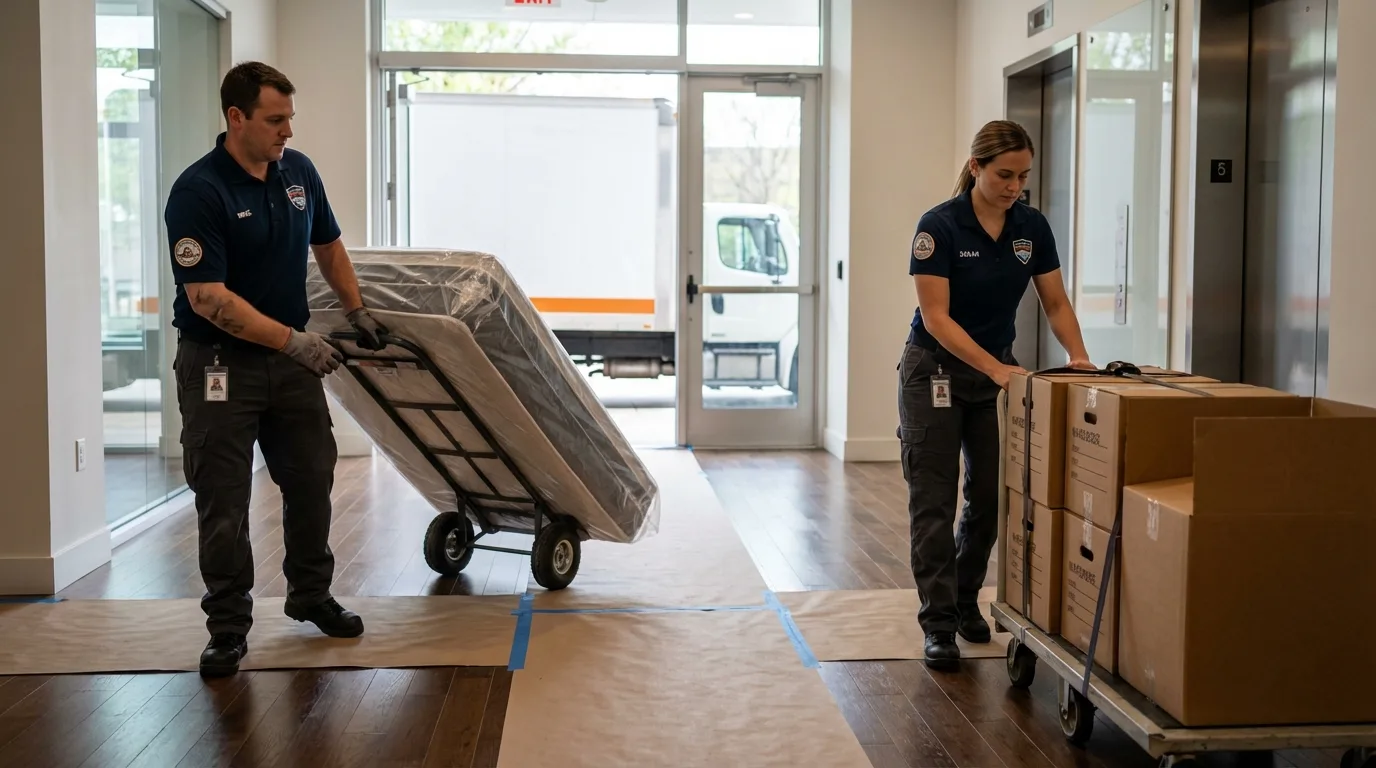 Professional apartment movers loading elevator in Carmichael, CA
